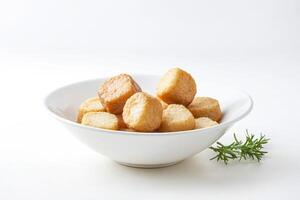 Fried Tofu Cubes in Bowl photo