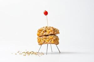 Stack of two oatmeal bars with a cherry tomato on a toothpick on a white background photo