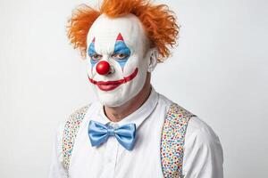 Smiling clown with red nose and colorful bow tie photo