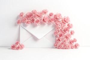 Pink Paper Flowers Surrounding a White Envelope photo