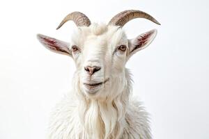 Close-up portrait of a white goat with horns looking at the camera photo