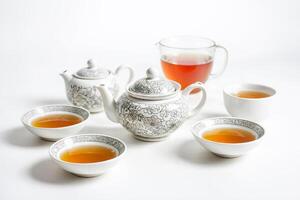 Traditional Tea Set with Porcelain Teapot and Cups photo