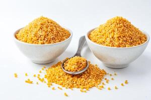 Close-up of Split Yellow Peas in White Bowls photo