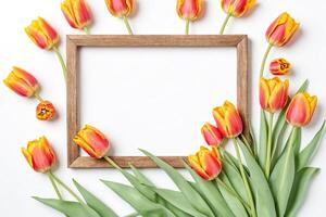 Yellow and Red Tulips with Wooden Frame on White Background photo