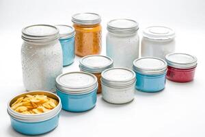 Various Glass Jars with Lids Filled with Colorful Contents on a White Background photo