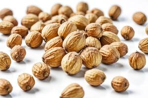 Close-up of Dried Coriander Seeds on White Background photo
