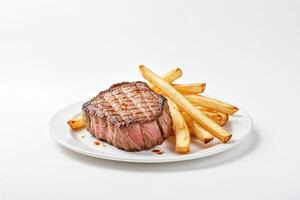 Grilled Steak and French Fries on White Plate photo
