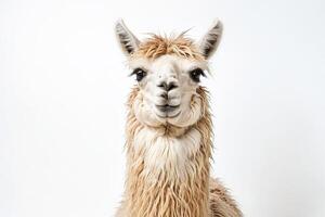 Portrait of a fluffy Alpaca with a white background photo