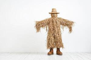 Scarecrow in Straw Suit and Brown Boots on White Background photo