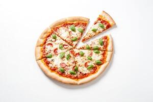 Pizza with Pepperoni and Basil on White Background photo
