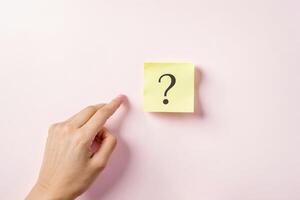 Hand Pointing to a Question Mark on a Sticky Note photo