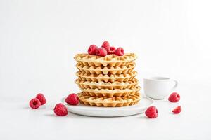 Stack of Waffles with Raspberries and Coffee Cup photo