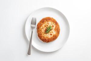 Single Fried Chicken Patty with Cheese on White Plate photo