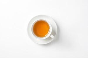 Top View of a Cup of Tea on a White Background photo