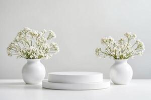 White Floral Display with Two Vases and a Stacked Platform photo