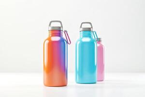 Three colorful water bottles isolated on white background photo