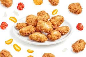 Crispy Chicken Nuggets and Sauces Flying Over White Background photo
