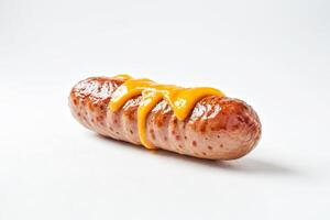 Closeup of a Grilled Sausage Topped with Melted Cheese photo