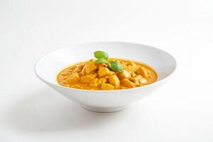 Creamy Chicken Curry in a White Bowl with Green Basil Leaf Garnish photo