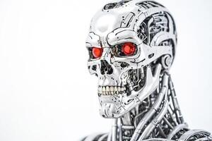 Closeup of a robotic skull with red eyes photo
