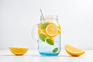 Refreshing Lemonade with Lemon Slices and Mint Leaves in a Glass Jar photo