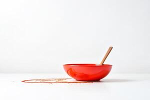 Red bowl with wooden spoon and sauce spill photo