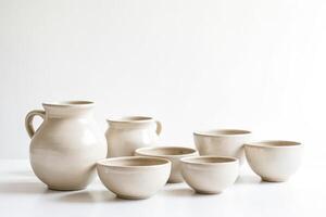 Minimalist White Ceramic Cups and Pitcher on White Background photo