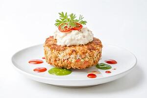 Crab Cake with Creamy Sauce and Garnish photo