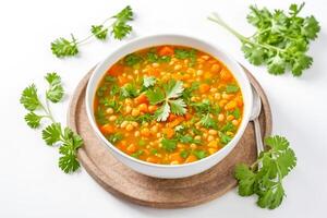 Bowl of hearty soup with white beans, carrots, and coriander photo