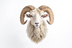 Close-up of a white ram with large curled horns, looking directly at the camera photo