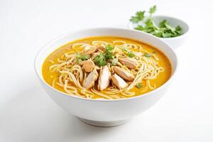Close-up of a bowl of chicken noodle soup with fresh cilantro photo