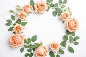 Peach Roses with Green Leaves on White Background photo