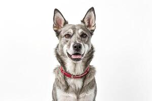 Grey and White Dog with Red Collar Sitting in Front of a White Background photo