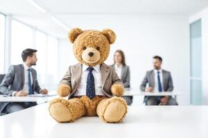 Teddy Bear in a Suit Sits at a Boardroom Table photo