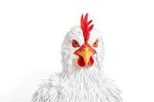 Close-up of a White Chicken with Red Comb and Wattles photo