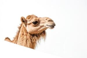 Close Up of Camel Head Against White Background photo