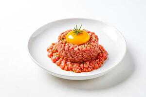 Beef Tartar with Raw Egg Yolk and Herbs on White Plate photo