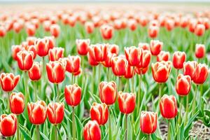 Closeup of red and yellow tulips in a field photo