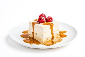 White Chocolate Cheesecake with Raspberry and Caramel Sauce photo