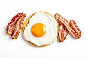 Fried Egg with Crispy Bacon on White Background photo