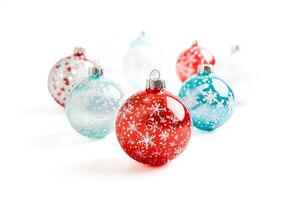 Red and Blue Christmas Ornaments with Snowflake Design photo