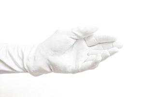 White gloved hand open and outstretched on white background photo
