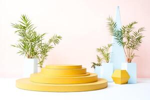 Abstract Product Display with Yellow Platform and Green Plants photo