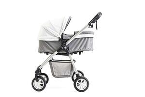 Modern White Baby Stroller with Gray Canopy and Basket photo