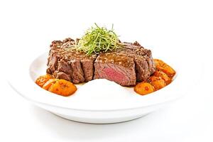 Grilled Steak with Orange Slices and Microgreens photo
