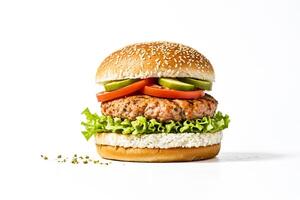 Close-up of a Delicious Burger with Sesame Seed Bun, Lettuce, Tomato, and Cucumber photo