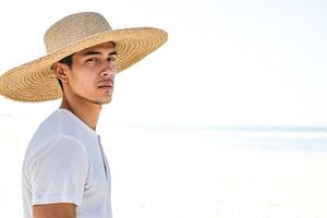 Man in Straw Hat Looking Out at the Ocean photo