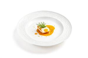 Fried Egg and Rosemary on Fish with Sauce on White Plate photo