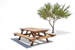 Wooden Picnic Table in Sandy Area with a Tree photo
