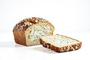 Close up of a loaf of bread with a slice removed, showing the interior filled with a creamy spread photo